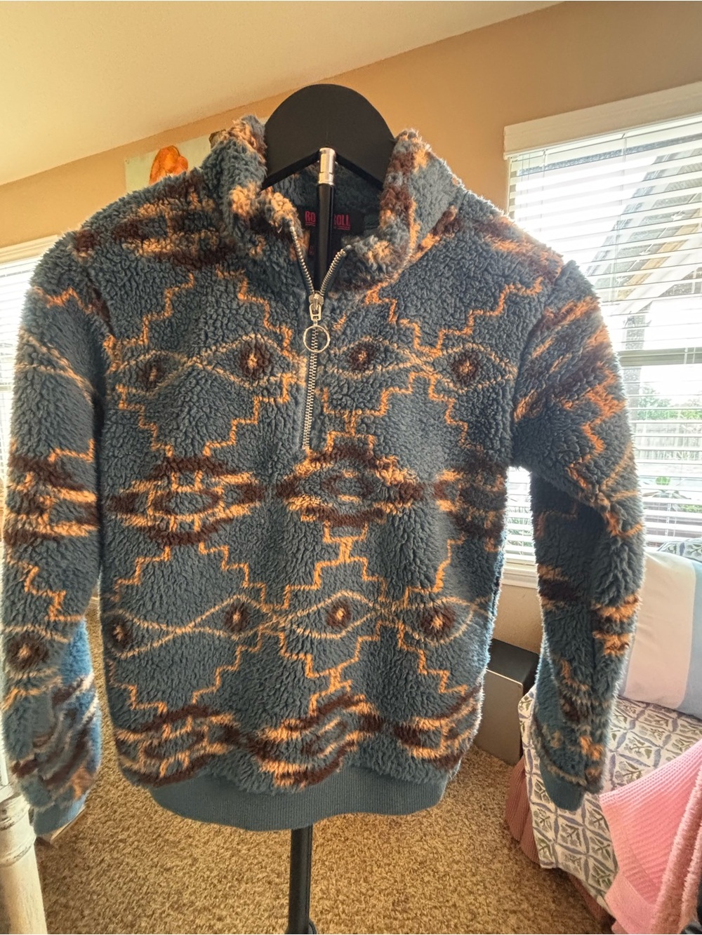 Rock & Roll Denim Aztec Sherpa Pullover Sweater Indigo Blue Size YM